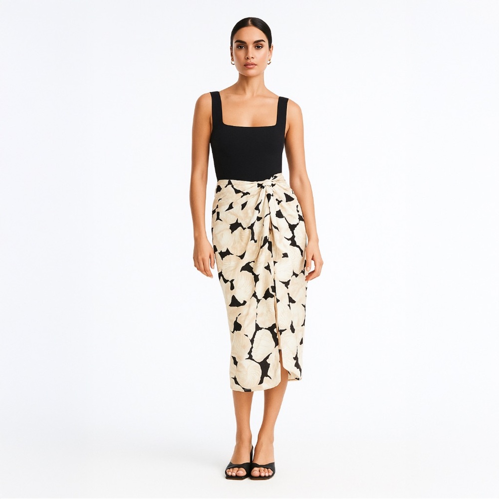 A328 • Seashell Print Twist-Front Midi Skirt